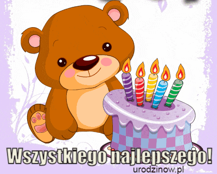 Życzenia urodzinowe, niedźwiedź z ciastem